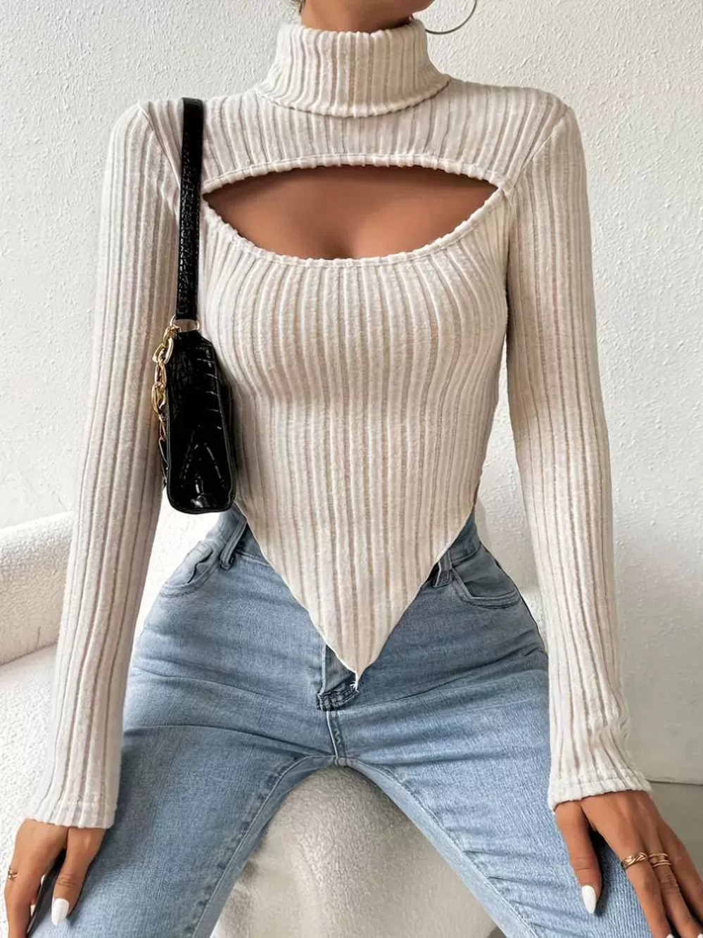 ZARA Spring Summer Sexy Asymmetric Cutout Long Sleeve Knit Ribbed Cropped Top